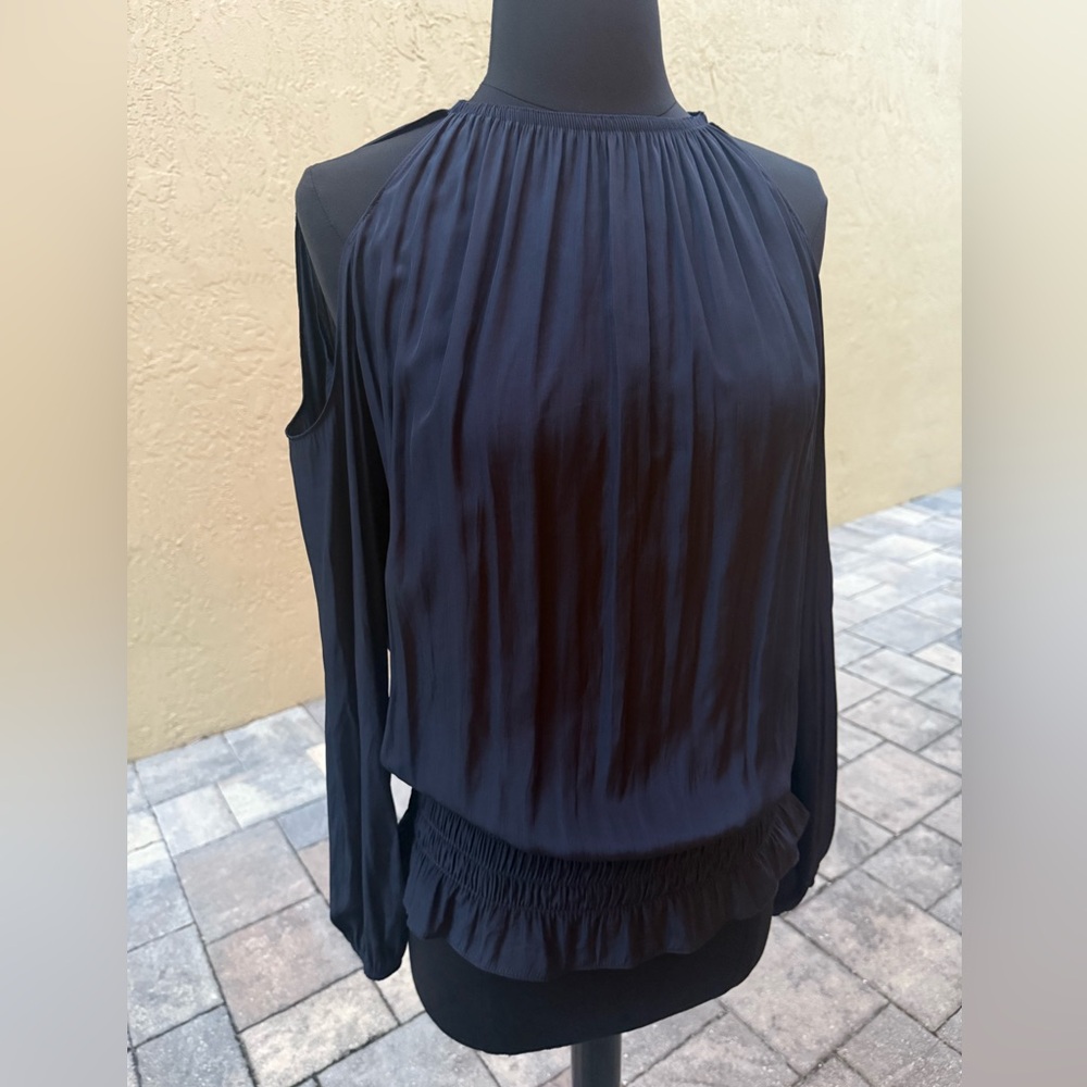 RAMY BROOK Midnight Blue Ruched Waist Lauren Cold Shoulder Top Blouse Sz XS $295